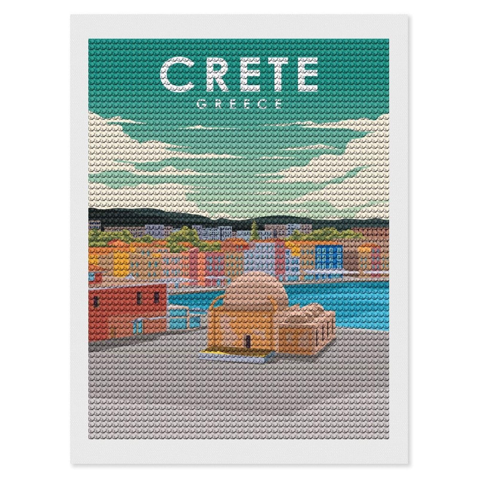 Junmoney Crete Greece Travel Diamond Art Kit 12"x16", Relaxing DIY Hobby, Satisfying Creative Project, Living Room Decor, for Women