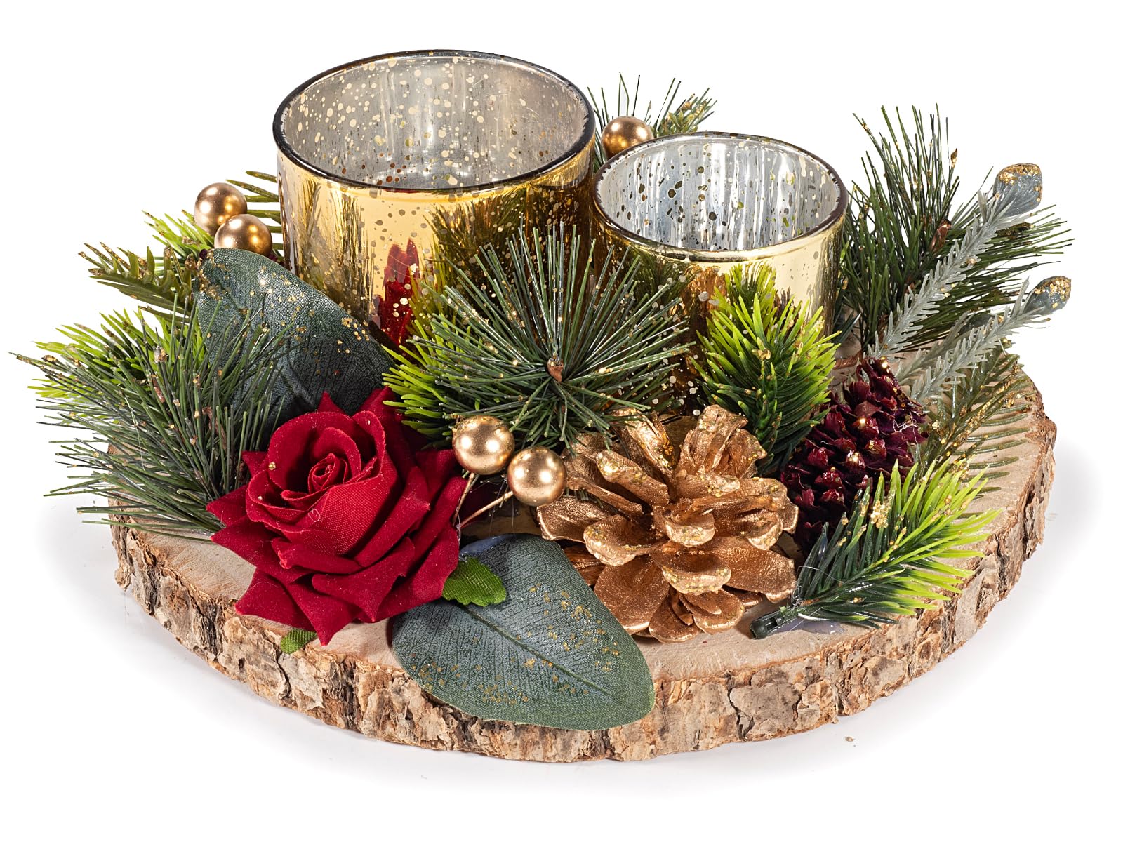 Gruppo Maruccia - Centrotavola Natalizio in Legno con Vasi per Candele - con Pigne, Rametti, Bacche - Idea Regalo - Misura 21,5 cm