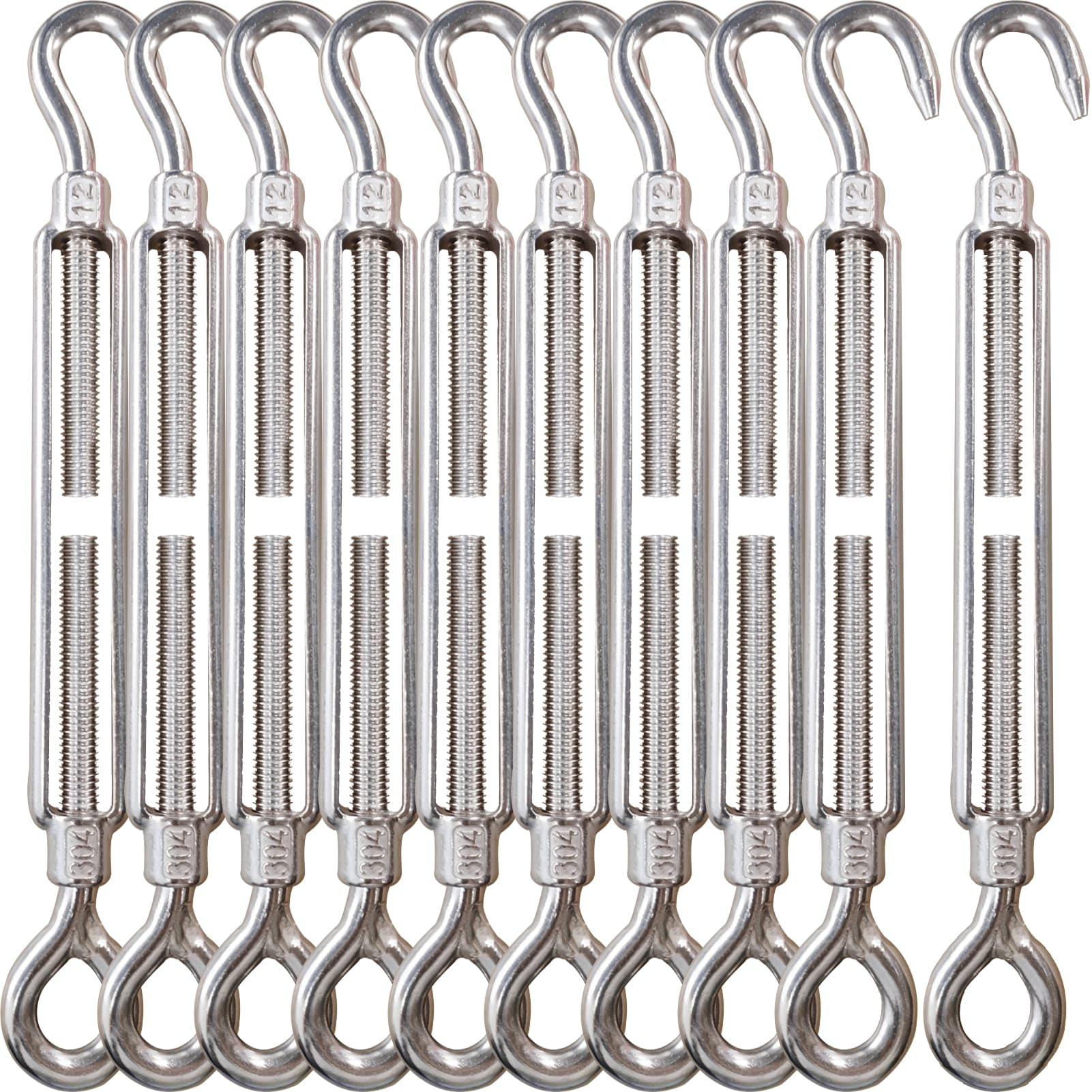 Photo 1 of 1/2" Turnbuckle Lsqurel 10PCS 304 Stainless Steel Turnbuckle Hook and Eye Heavy Duty M12 Tensioner Adjustable Shade Sail Hardware for Tightening up Metal Cable Wire