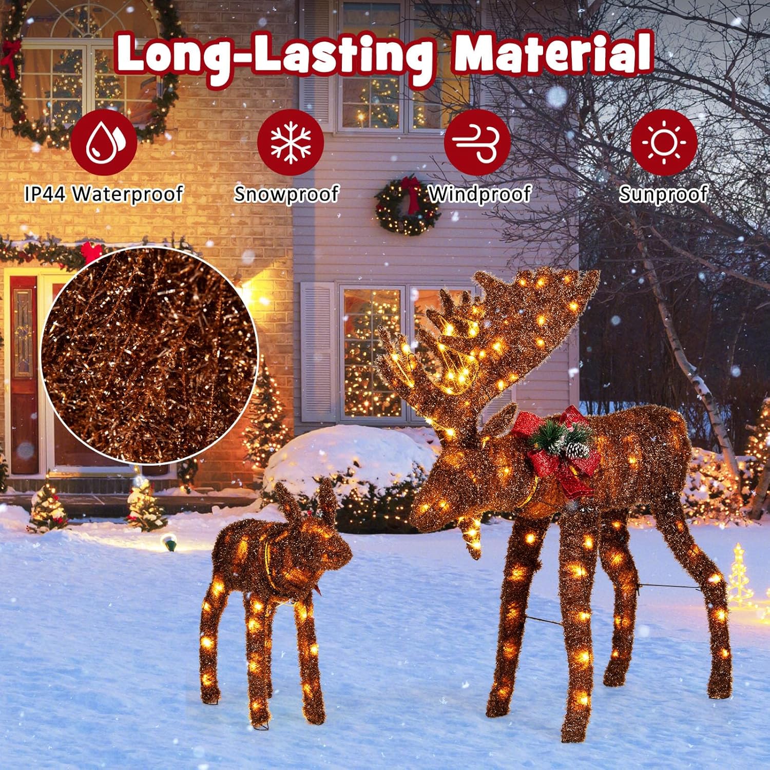 Tangkula 2-Piece Lighted Christmas Moose Family Set, Light-Up Reindeers with 170 Warm White LED Lights, Stakes & Zip Ties Included, Indoor/Outdoor Xmas Holiday Moose Decoration for Home Yard