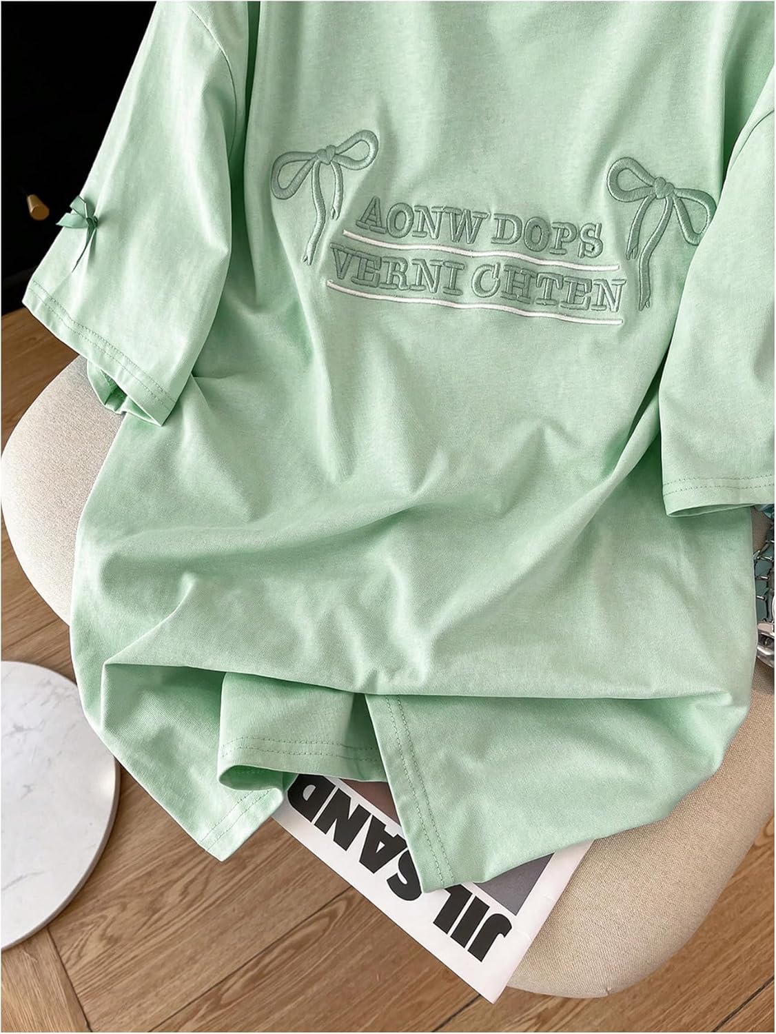 SHENHE Women's Bow Shirt Oversized Tee Letter Embroidered Short Sleeve Aesthetic Clothes Top - Image 3