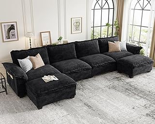 KKL U-Shaped Modular Sectional Sofa, 6 Seater Cloud Couch with Ottoman, Chenille Sectional Couches for Living Room, Apartment, Black