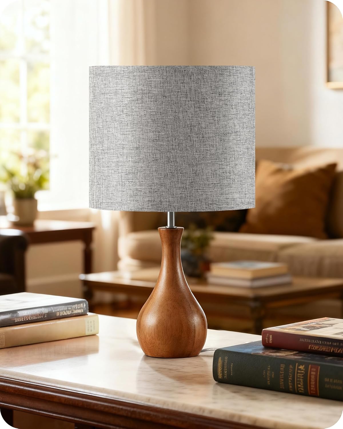 Gray Table Lamp, 14.2″ Small Bedside Lamp, Compact Desk Lamp with Gray Linen Lam…