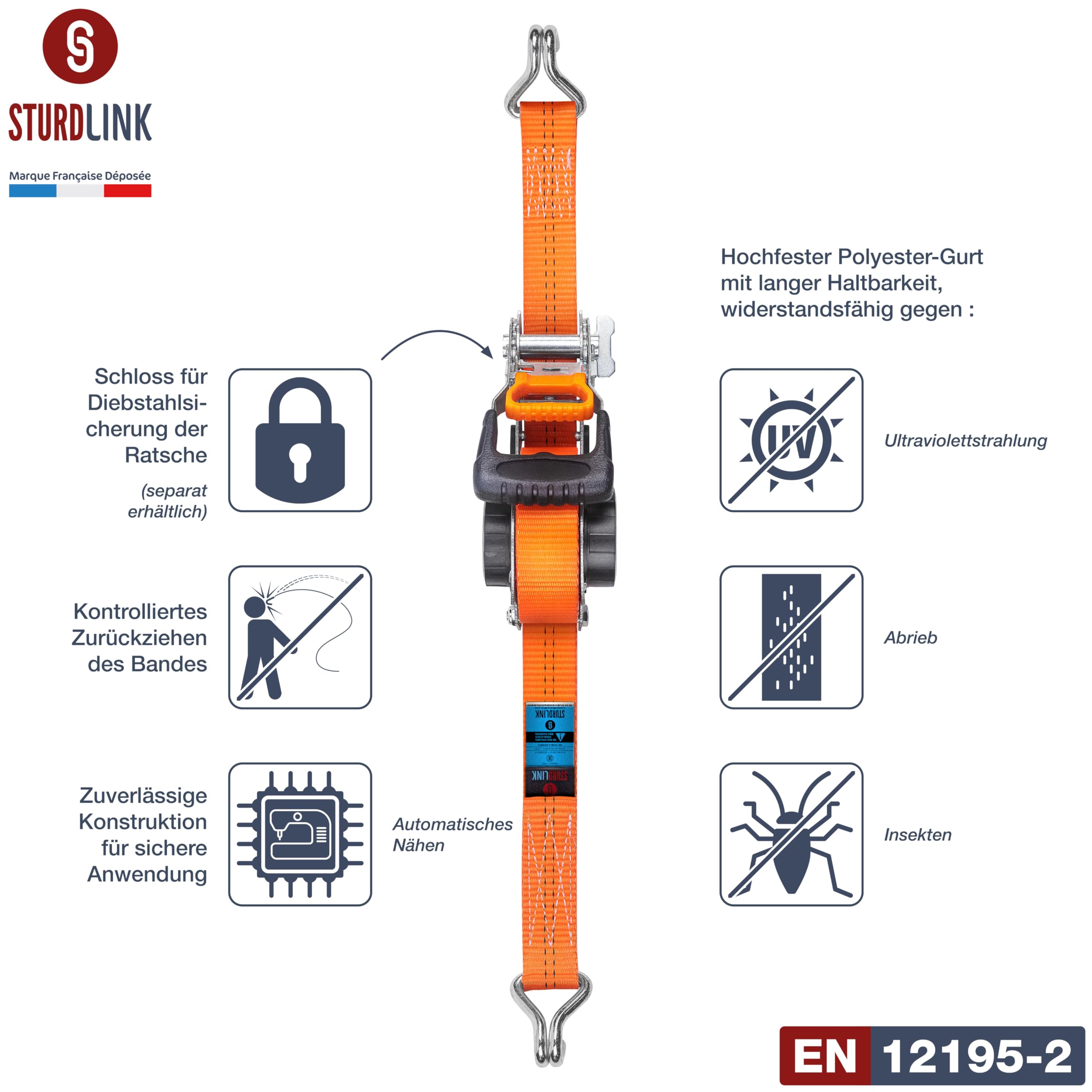 Automatik Spanngurt 35mm 5m mit J Haken 1000kg/2000kg | Set von 2 Spanngurte Selbstaufrollend | Automatischer Spanngurtwickler/Spanngurtaufroller | Zurrgurt für Pkw Anhänger Quad Motorrad EN 12195-2