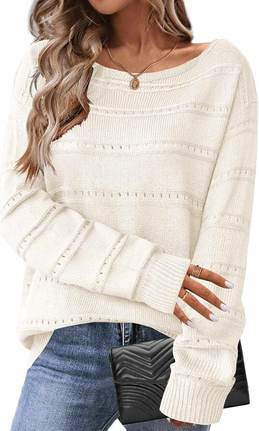 ZOCANIA Sweaters for Women 2025 Boat Neck Long Sleeve Hollow Out Crochet Sweater Lightweight Solid Color Pullover