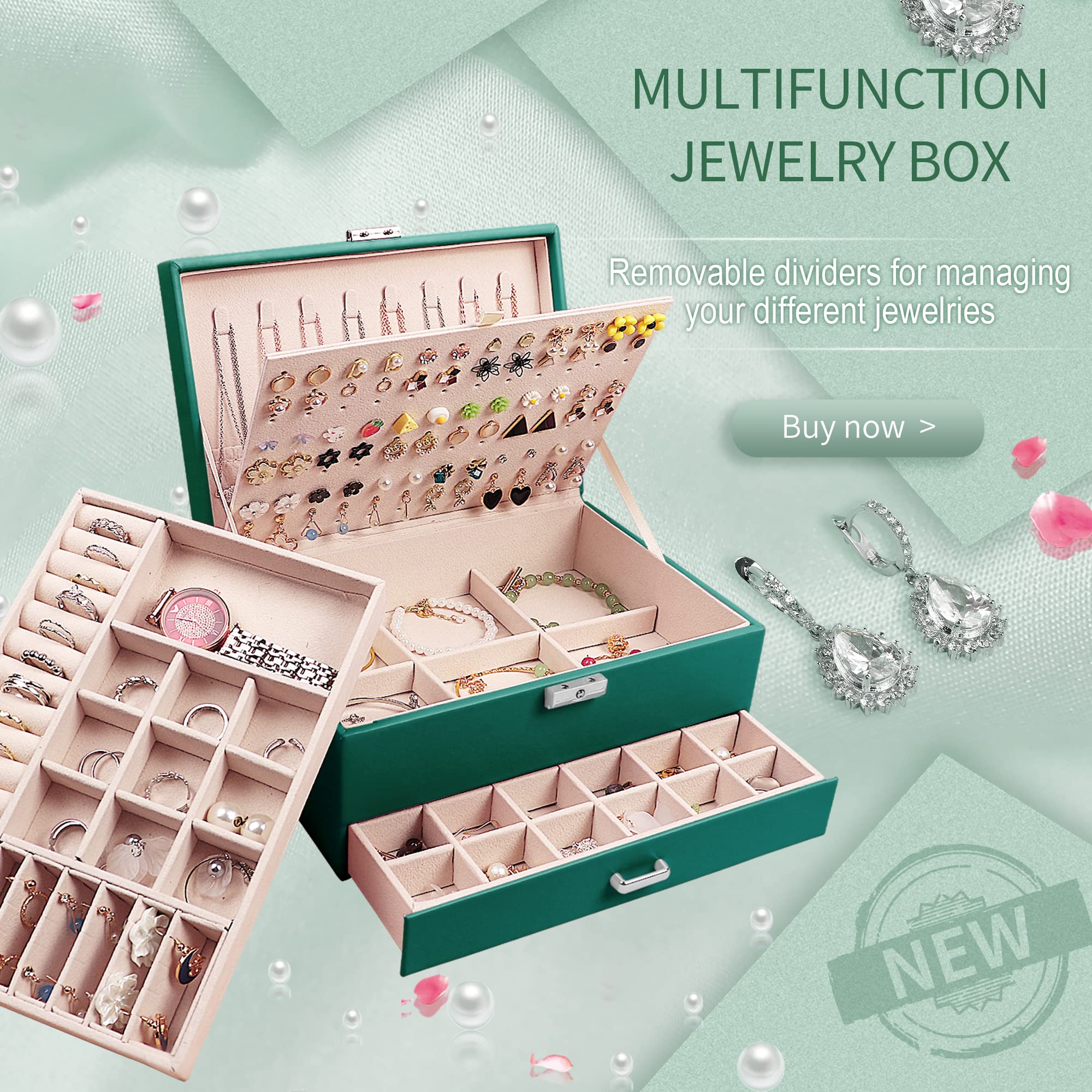 Addong Stud Earring Jewelry Organizer Box Women 108 Earrings Holder for Girls, Large 5-Layer PU Leather Earring Storage Case for Jewelry Studs Earring Necklace Rings Bracelet Display with Lock, Green