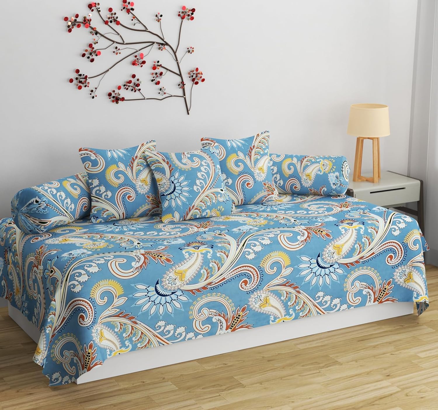 HOMICON Premium Cotton Jaipuri Pattern 6 Pieces Diwan Cover Set with 1 Single Diwan Bedsheet, 2 Bolster Covers and 3 Cushions Cover, Blue (Blue)-picture-30