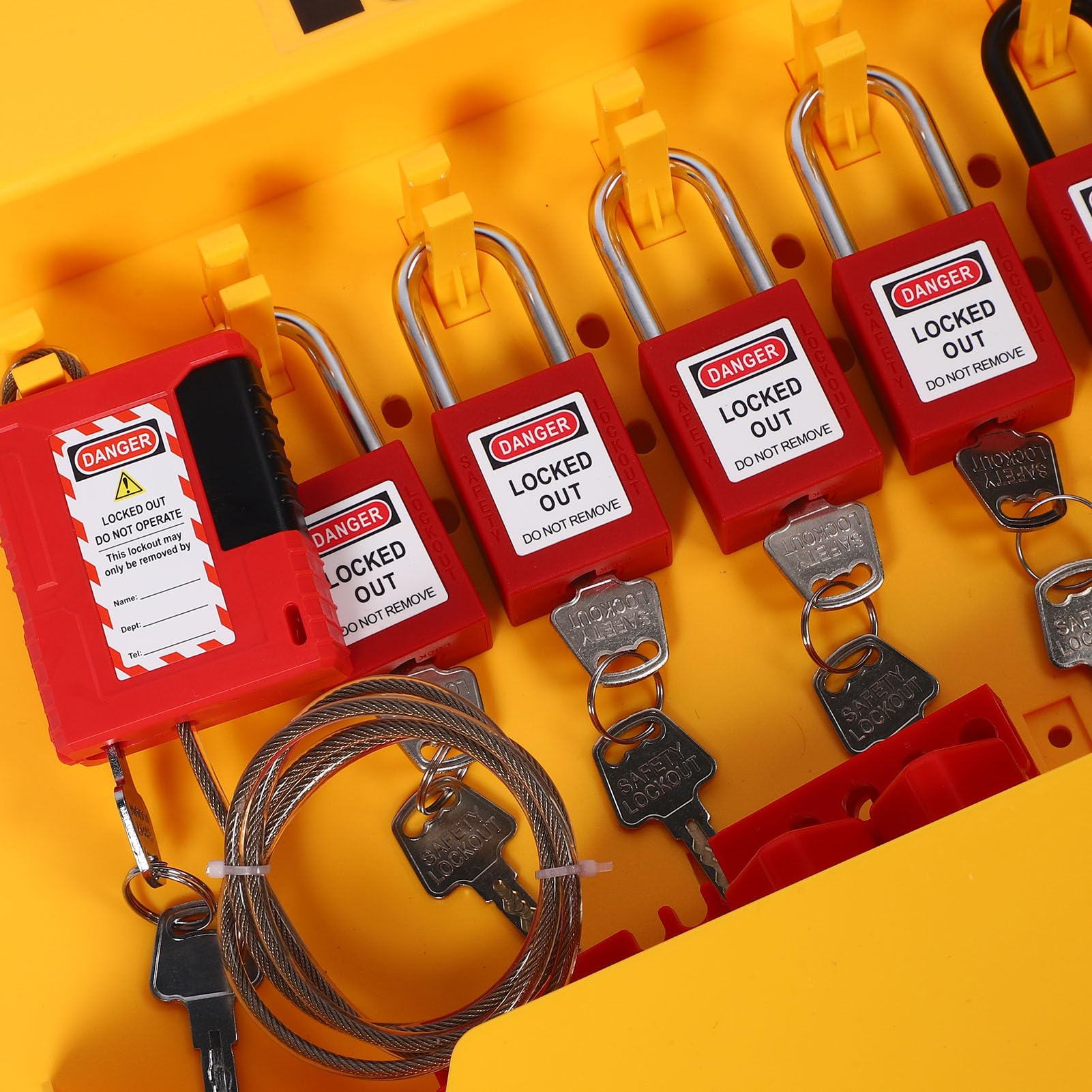 LiebeWH Kit Loto Lockout Tagout Station, Pannello Muro Giallo per PC con 8 Lucchetti 20 Etichette 3 Ganci 6 Serrature con Interruttore Automatico per Apparecchiature di Sicurezza Industriale