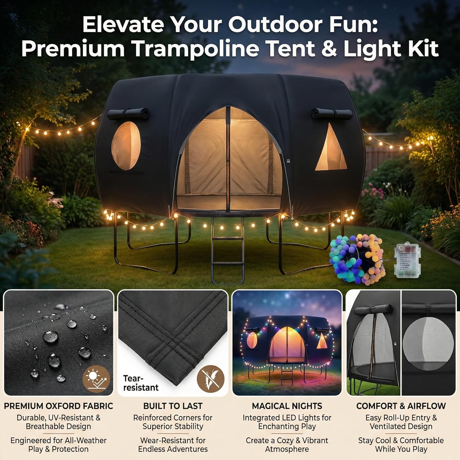 12FT Trampoline Round Tent(Tent ONLY) Fits 12FT Frame 8 Curved Poles with LED Lights, Trampoline Tent Cover Oxford Cloth Trampoline Sunshade Tear-Resistant, Rainproof, Outdoor Camping Suitable - Black
