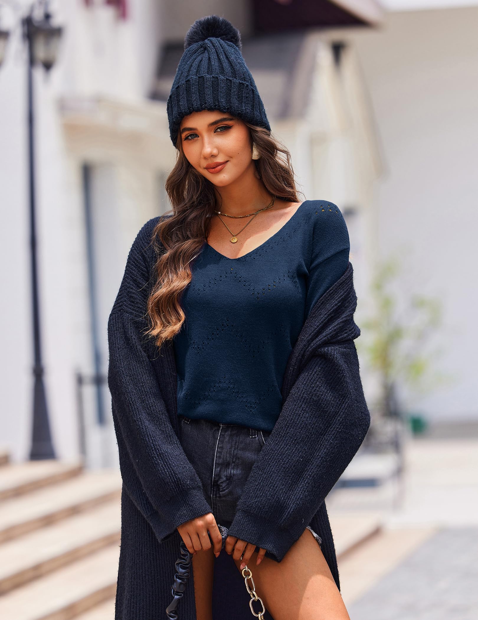 Zeagoo Pull Femme Élégant Pull à Col en V Automne Pull en Crochet Manches Longues Mode Pull Uni Décontracté Hauts S-XXL