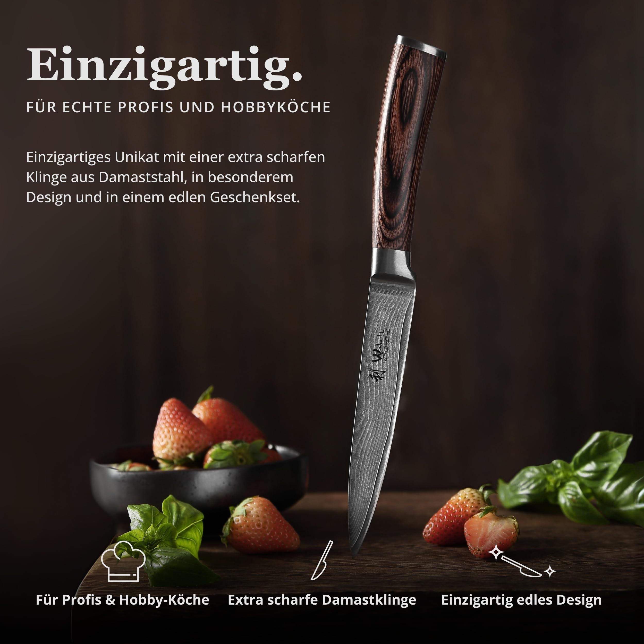 Wakoli EDIB Damast Allzweckmesser mit Gravur – Personalisiertes Messer, 12,5 cm Klinge aus 67 Lagen Damaststahl (VG10-Kern), Pakkaholzgriff – Einzigartiges Küchenmesser Geschenk, Geschenkverpackung