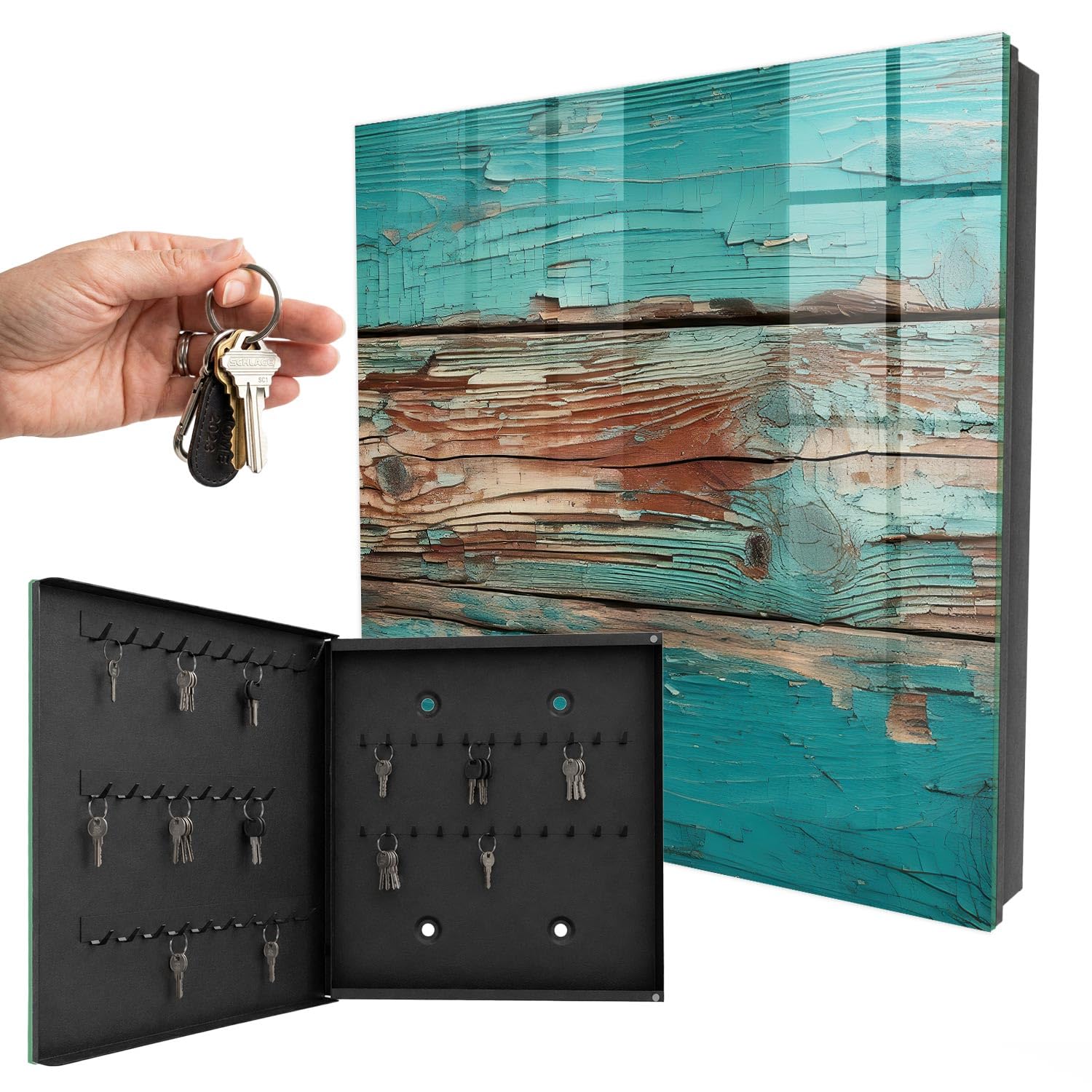 Cassetta portachiavi 30x30 cm Legno turchese Porta Sinistra Nero | Appendiabiti | Bacheca | Vetrinetta | Nicchia | Casellario | Armadio | Gancio | Quadro | Mobiletto | Contenitore | Supporto