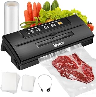 Veetop Vacuum Sealer, Automatic 80kPa Food Sealer Machine with Dry Moist Modes Built in Cutter for Food Preservation Sous Vide Cooking,1 Vacuum Rolls (20 * 200cm) & 10Pcs Vacuum Seal Bags