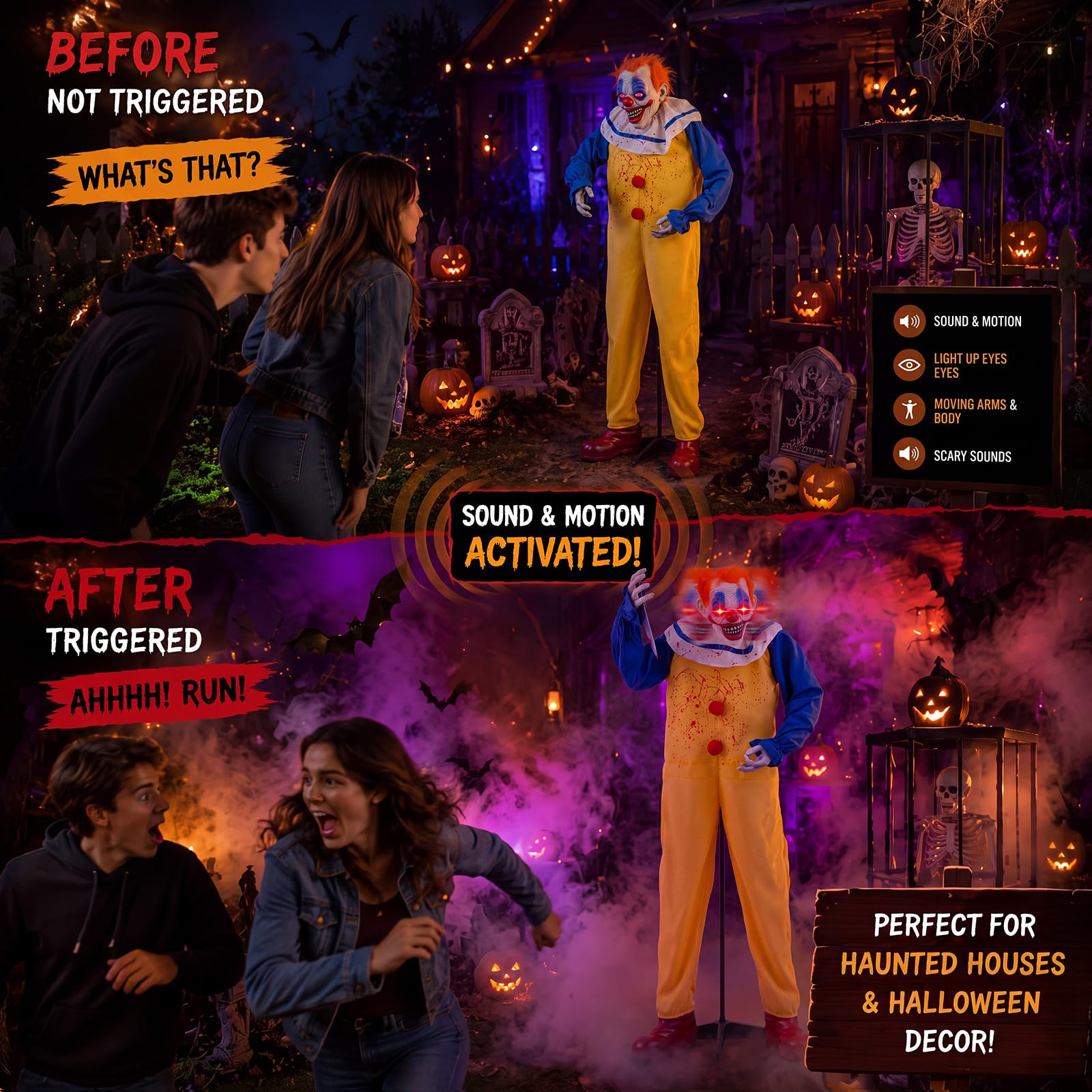 Soulchen Clown animatronique d'Halloween de 1,7 m, accessoire grandeur