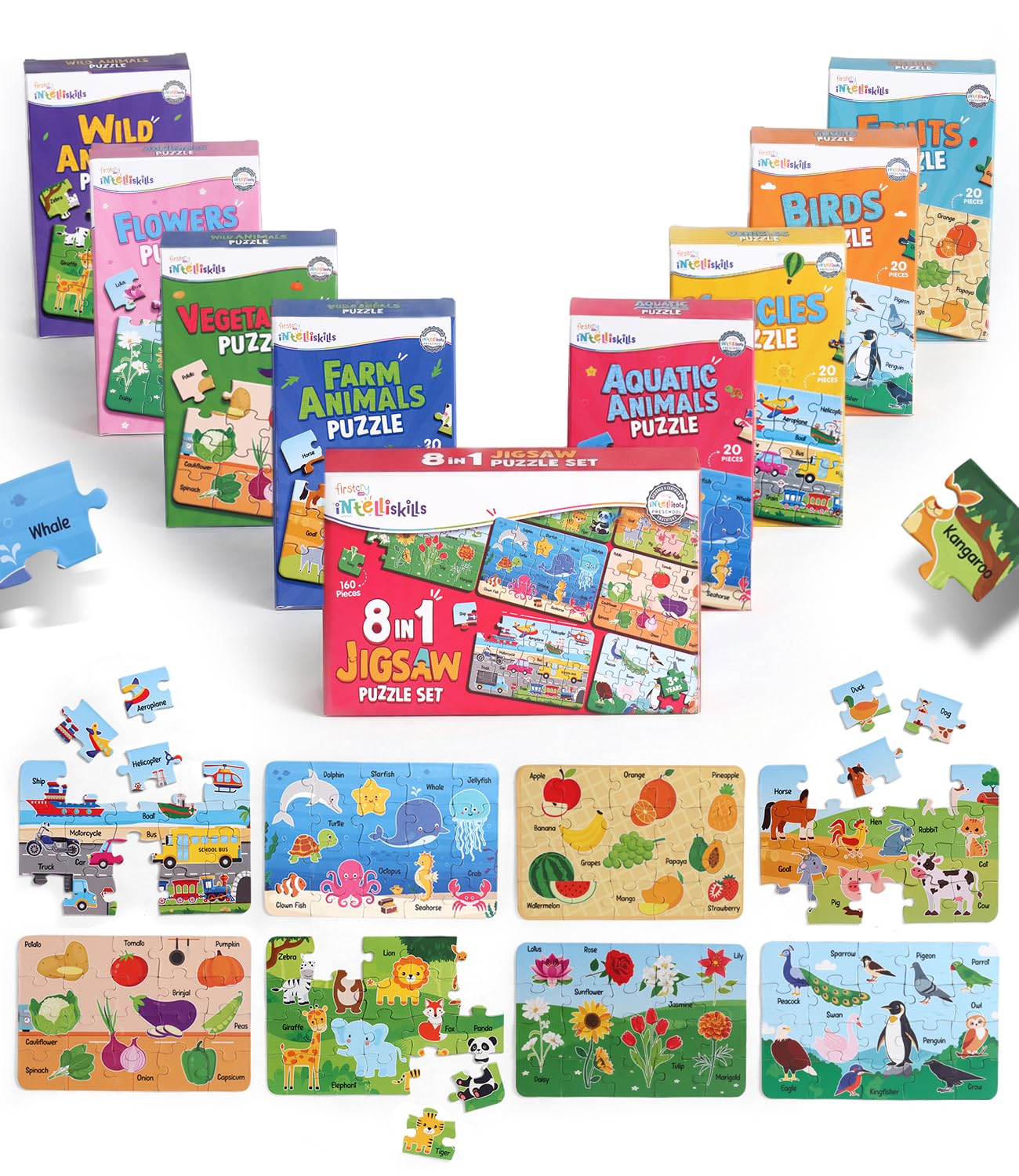 Intelliskills 8-in-1 Jigsaw Learning Puzzle Set for Kids,160 Pieces, 8 Packs, Fruits, Vegetables, Flowers, Birds, Vehicles, Wild, Farm & Aquatic Animals, 3 Years+, BIS Certified, for Gifting-image-17