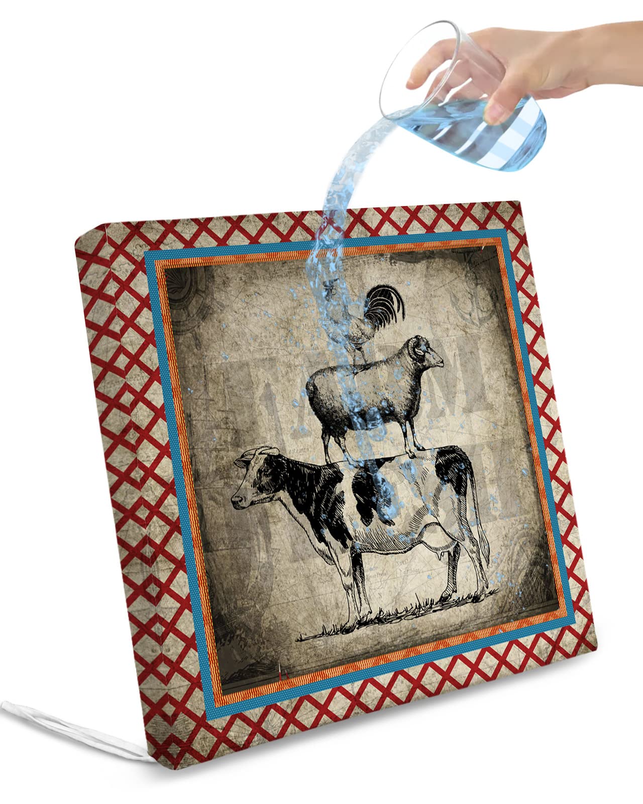 Outdoor Chair Seat Covers, Retro Farm Cattle Sheep Chicken Animals Waterproof Cushion Cover Red Line Diamond Lattice Furniture Protector Slipcovers for Dining Room Party Event Chairs 2 Pack 24x24In