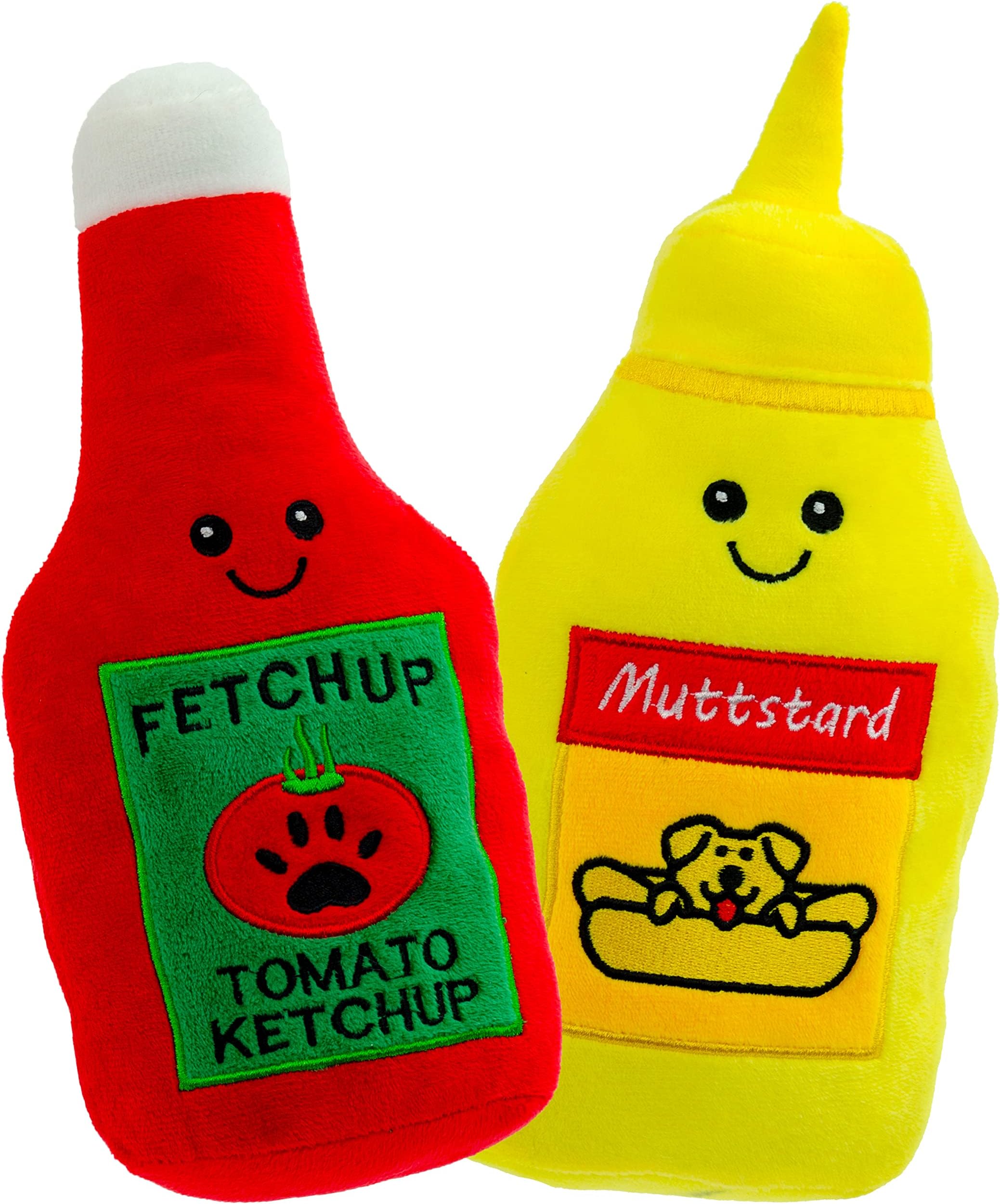 Giftable World Pet Plush Pet Toy Fruits, Cupcakes, Ice Creams, Mug with Squeaker Dog Chew Toy (10" Ketchup & Mustard)