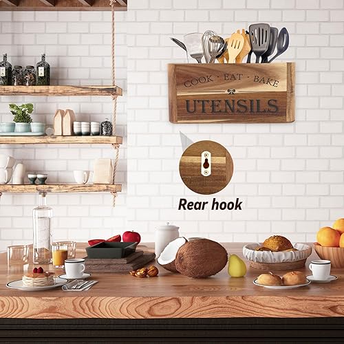 Miniatura 5 de Soporte para utensilios para encimera de cocina, organizador de madera extra grande de 3 compartimentos en madera de acacia, almacenamiento para