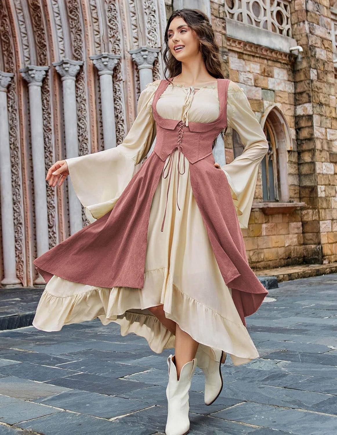 Scarlet Darkness Women Renaissance Costume Underbust Pirate Peasant High Low Dress with Pockets - Image 6