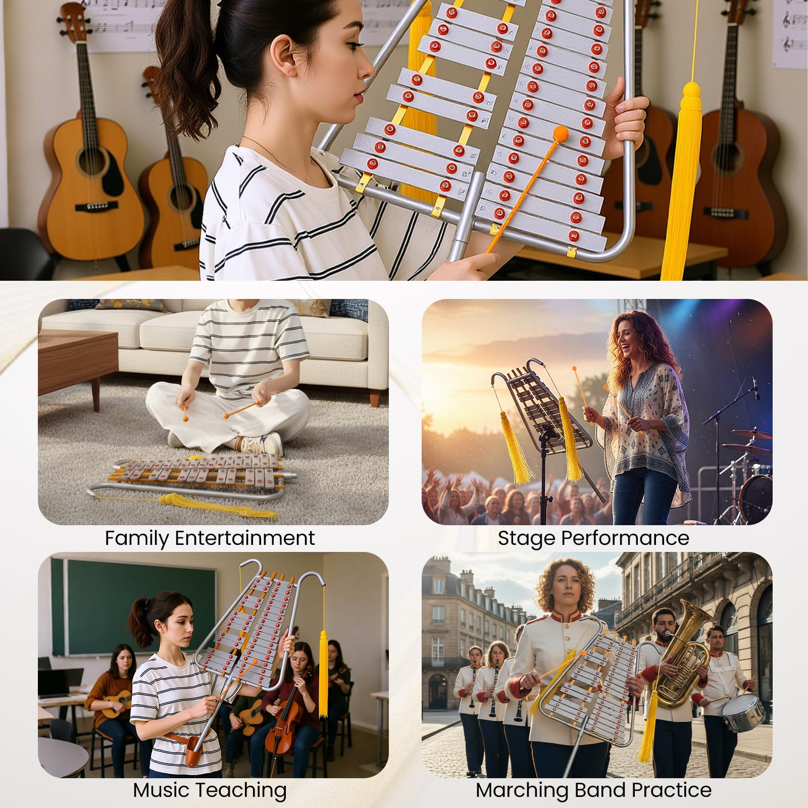 FANTASK 29 Noten Glockenspiel, Gürtelclip und Gürtel, Percussion Instrument, Aluminium Marsch-Xylophon mit verstellbarem Griff, 2 Schlägeln, Metallophon für Kinder und Erwachsene