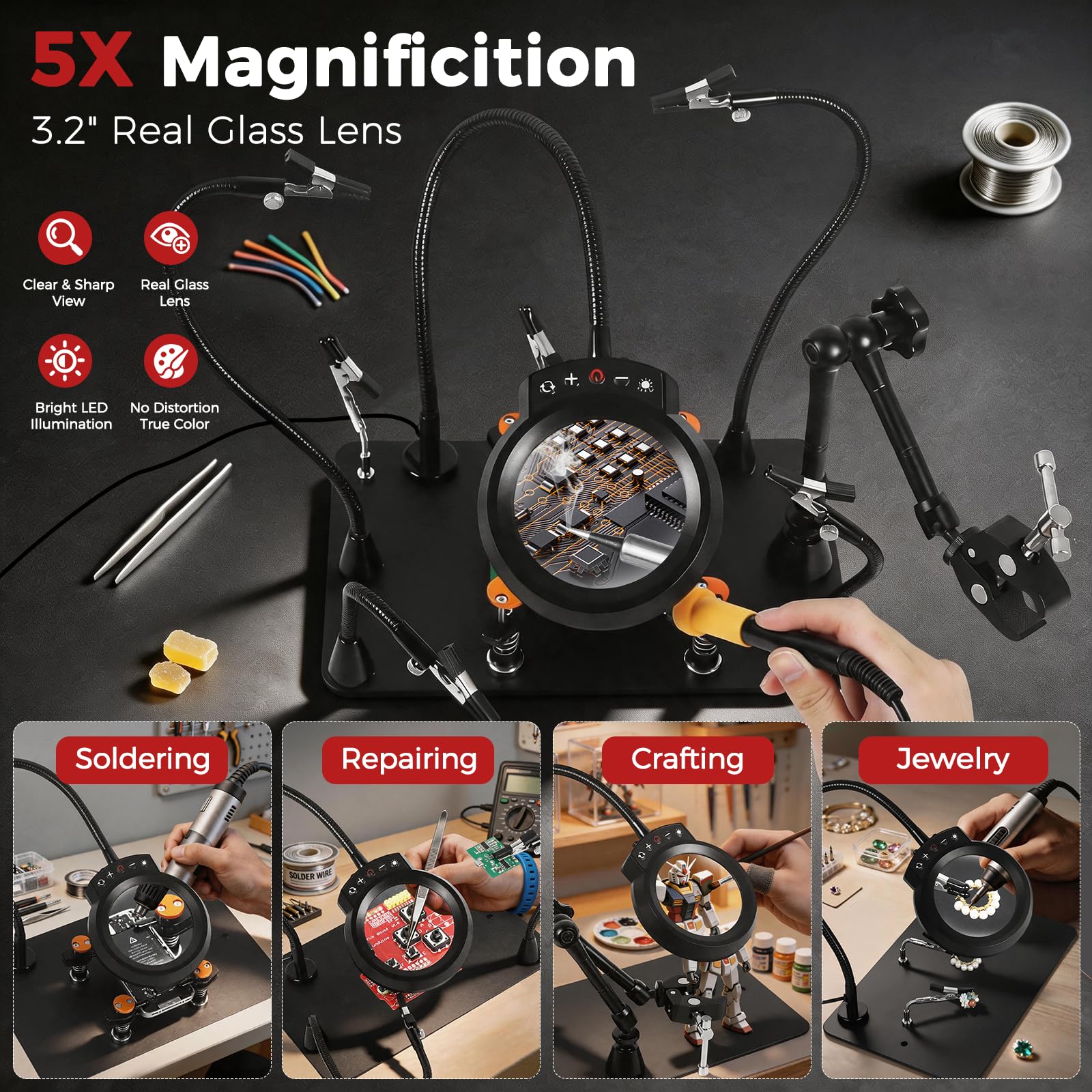 NOEVSBIG Stazione di saldatura Helping Hands con lampada di ingrandimento 5X, super morsetto a 360°, 4 morsetti a mano, bracci flessibili, strumento di terza mano per riparazione elettronica PCB fai
