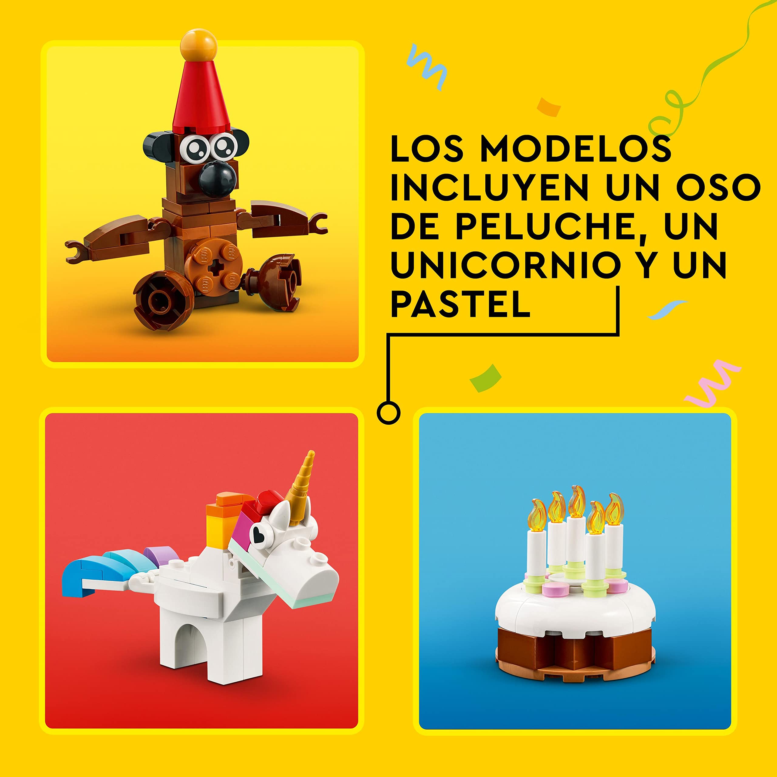 LEGO 11029 Classic Caja Creativa: Fiesta, Piezas de Juego de Mesa en Familia, Juguete para Niños y Niñas de 5 Años o Más, 12 Mini Construcciones, Coche, Osito de Peluche, Unicornio, Idea de Regalo