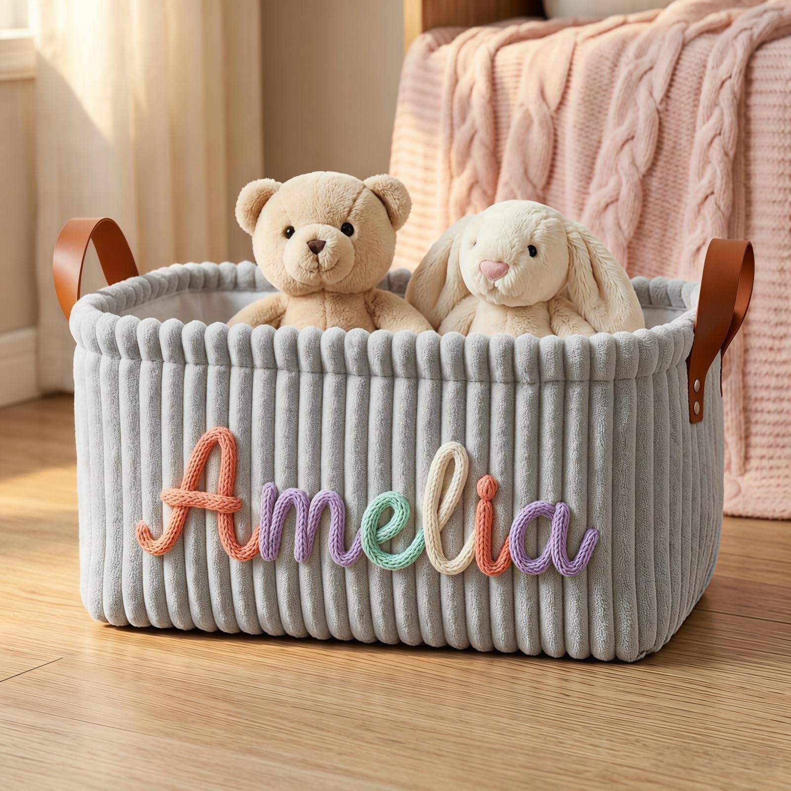 Personalized Baby Gift Basket With Custom Name, Corduroy Diaper Storage Bin, Nursery Organizer Box, Keepsake Gift For Newborn Boy & Girl, New Mom(Light Gray)