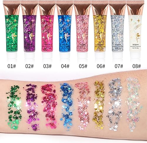 8 colores rojos con purpurina plateada para el cabello, gel autoadhesivo para festivales, accesorios cosméticos con purpurina de larga duración,