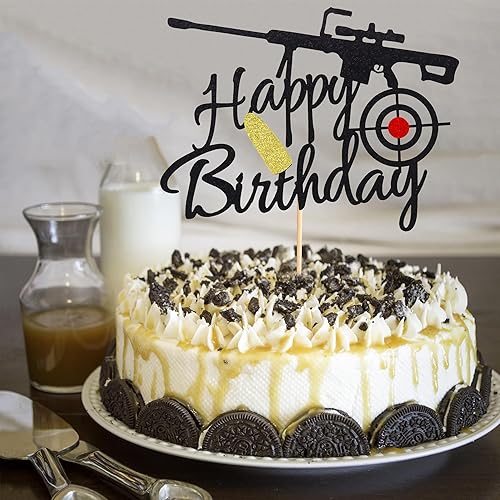 Miniatura 2 de Arthsdite Decoración para pastel de cumpleaños con diseño de pistola de feliz cumpleaños, decoración de objetivo de bala, suministros de fiesta