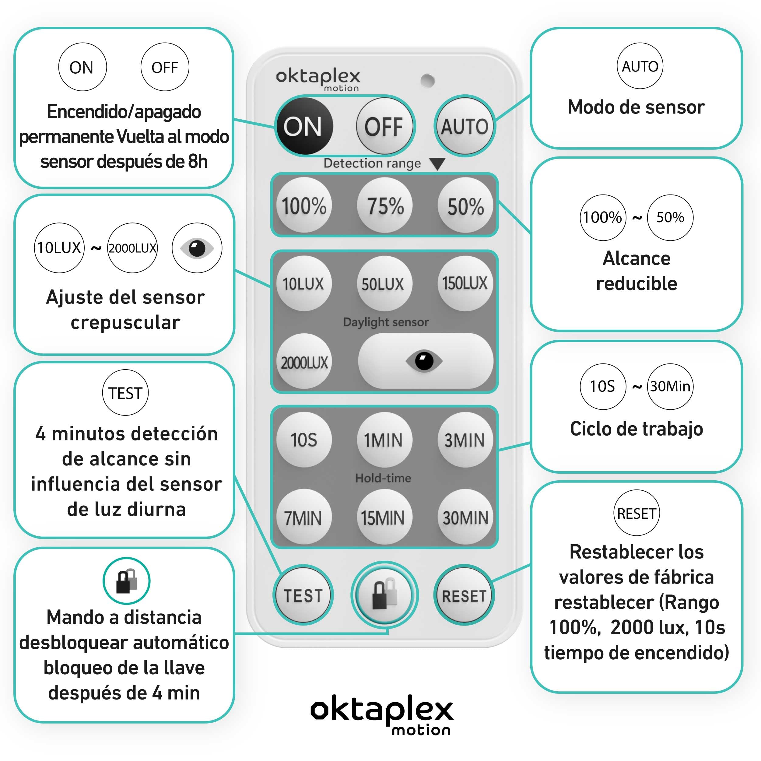 Oktaplex Tim - Juego de 2 sensores de movimiento para exteriores (360 grados, incluye mando a distancia, IP65, 230 V), color blanco