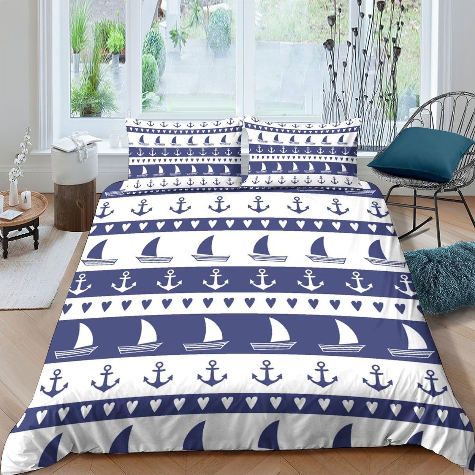 Ctjqhvkz Style-2 3D Printed Nautical Anchor Fitted Sheet Microfiber Soft Sailboat Bed Cover For Bedroom Guest Room Mattress Protection Decor Single（135X200cm）