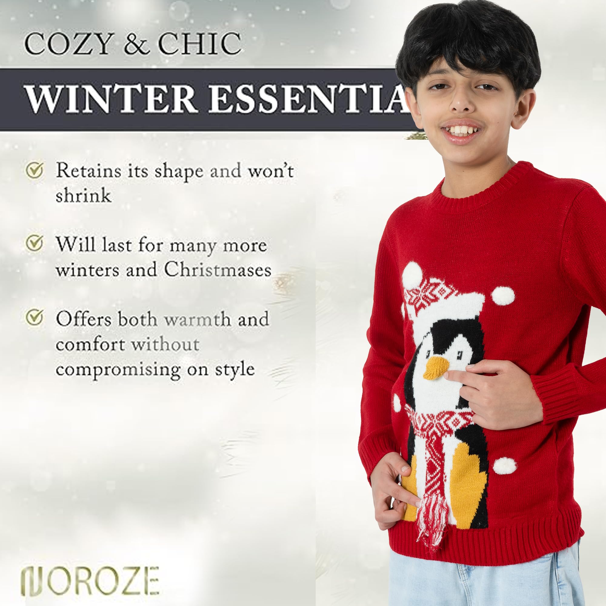 NOROZE Xams, Pullover Pullover per Bambina, Unisex, Motivo: Babbo Natale, Pupazzo di Neve, Renna, Manchot