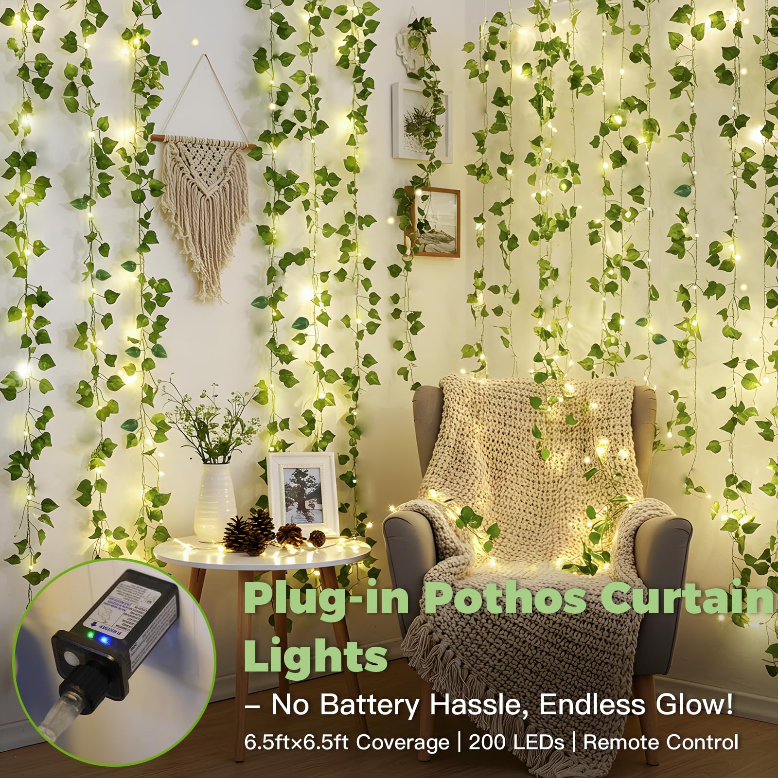 suddus 200 LED-Reben mit Lichtern, 2 x 2 m, Pothos-Vorhang-Lichterkette mit Fernbedienung, hängende Lichterkette mit Ranken für Schlafzimmer, Wand, Schlafsaal, Hochzeit, Party, Innendekoration