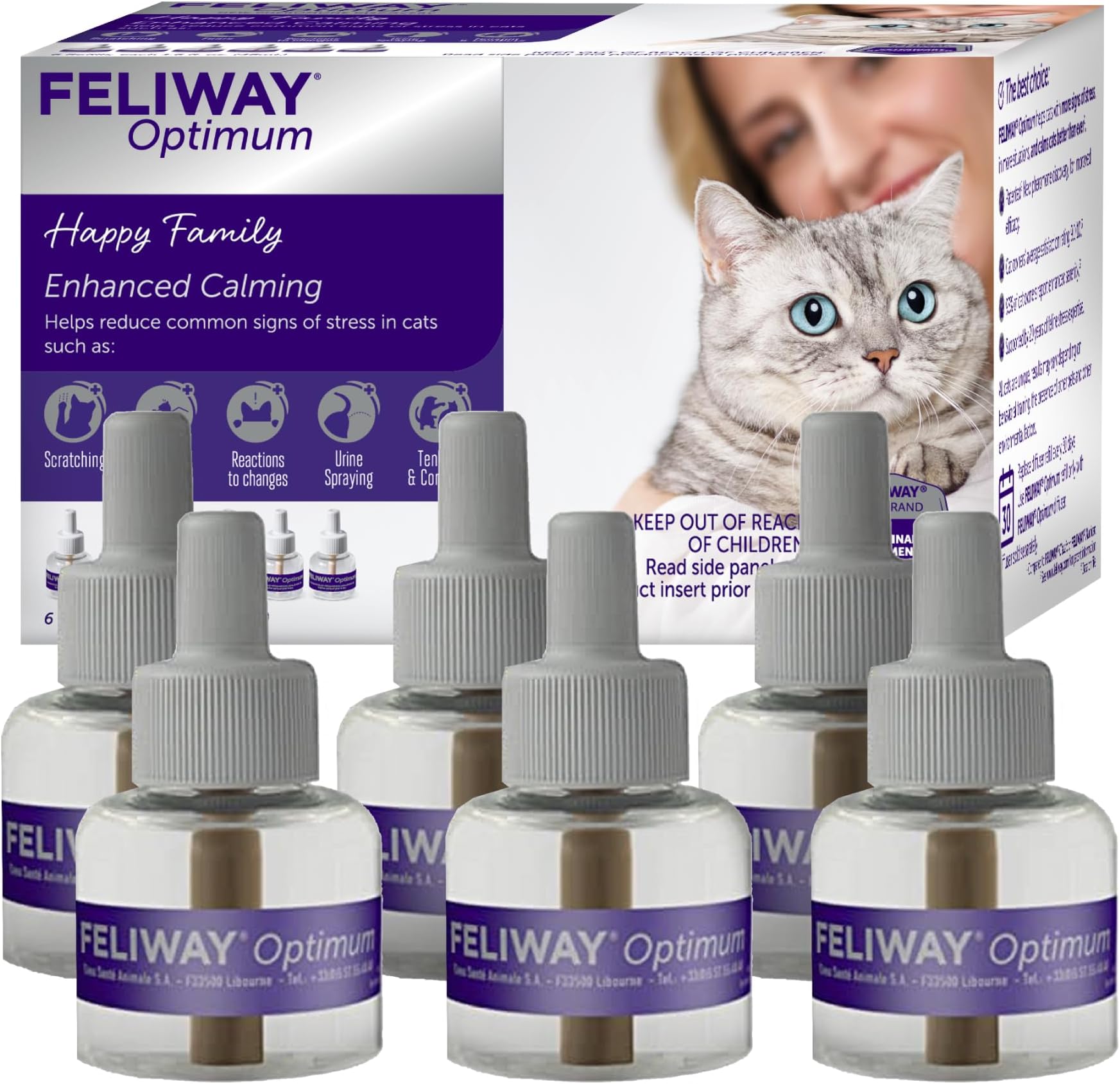 Optimum 6 x 30 Day Cat Calming Refills for Pheromone Diffuser, 6 x 48ml Value Pack - Helps Reduce Common Signs of Stress in Cats & Kittens, Enhanced Calming