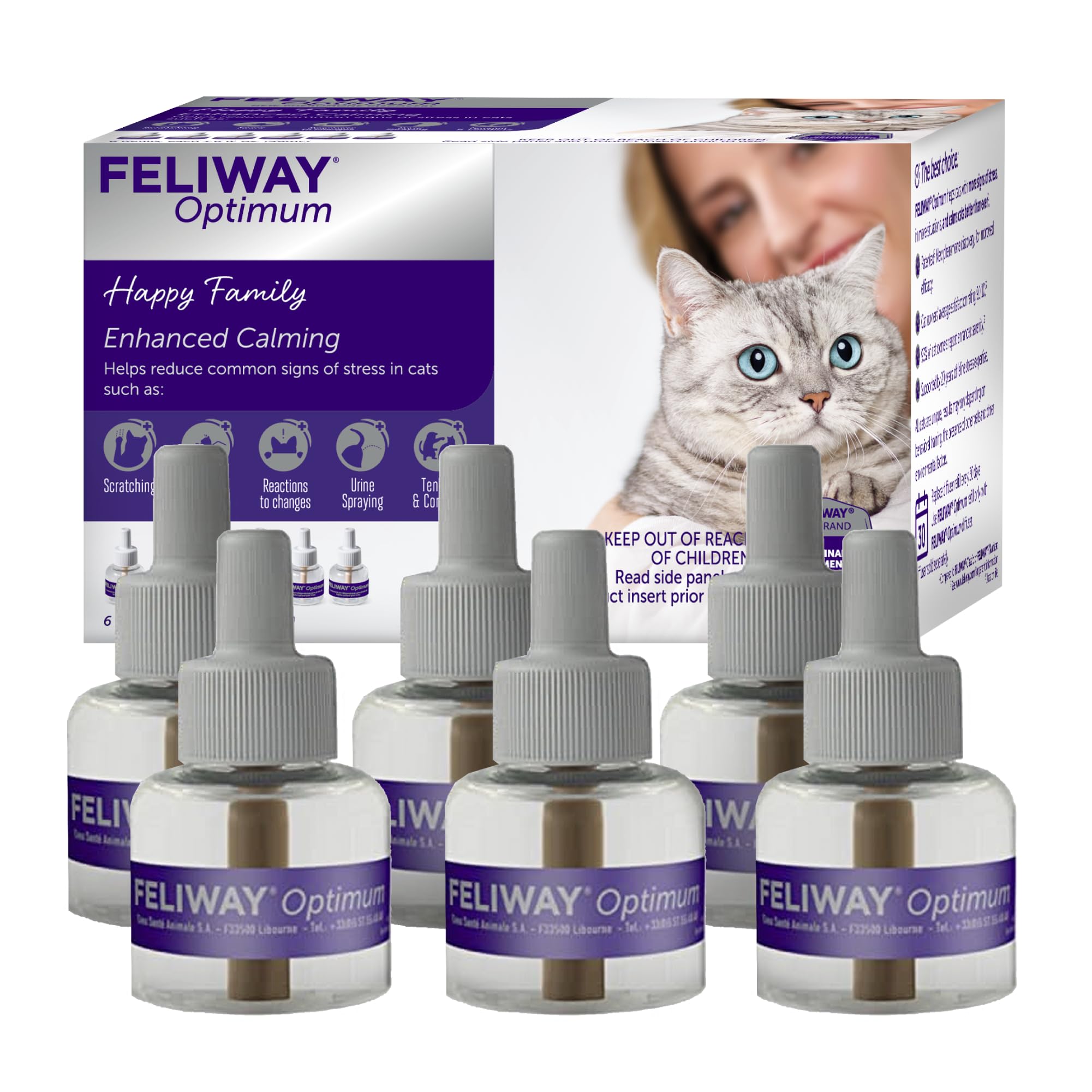 Optimum 6 x 30 Day Cat Calming Refills for Pheromone Diffuser, 6 x 48ml Value Pack - Helps Reduce Common Signs of Stress in Cats & Kittens, Enhanced Calming