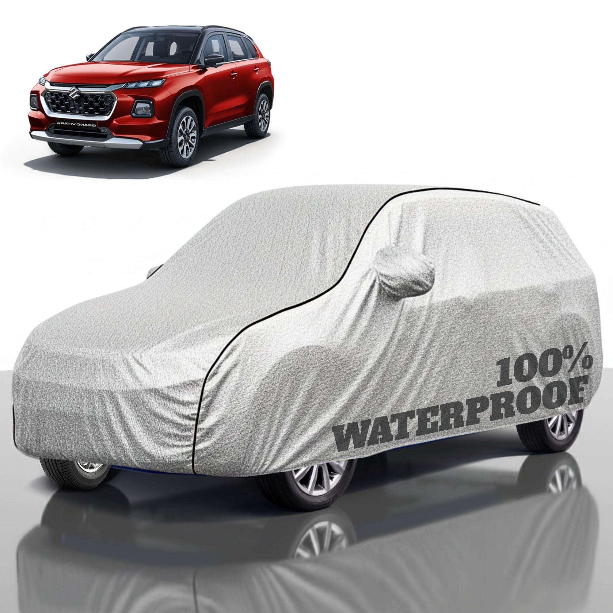Premium Polyester Car Cover Grand Vitara All-Weather Protection from Rain, Dust &amp; Sun | UV Resistant Fabric | Full Body Secure Fit for Outdoor &amp; Indoor Parking Silver