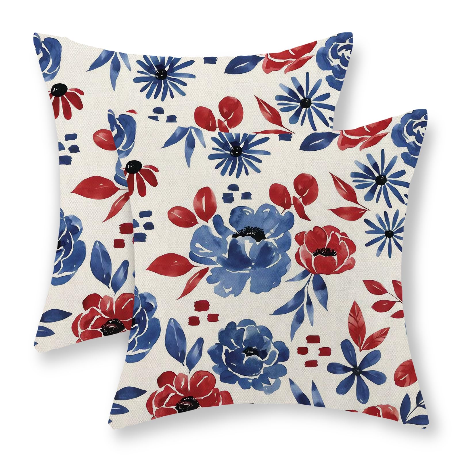 GOLIANDA 4th of July Pillow Covers 20x20 Set of 2 Blue Red Flower Throw Pillows Patriotic Independence Memorial Day Decorative Pillowcase Linen