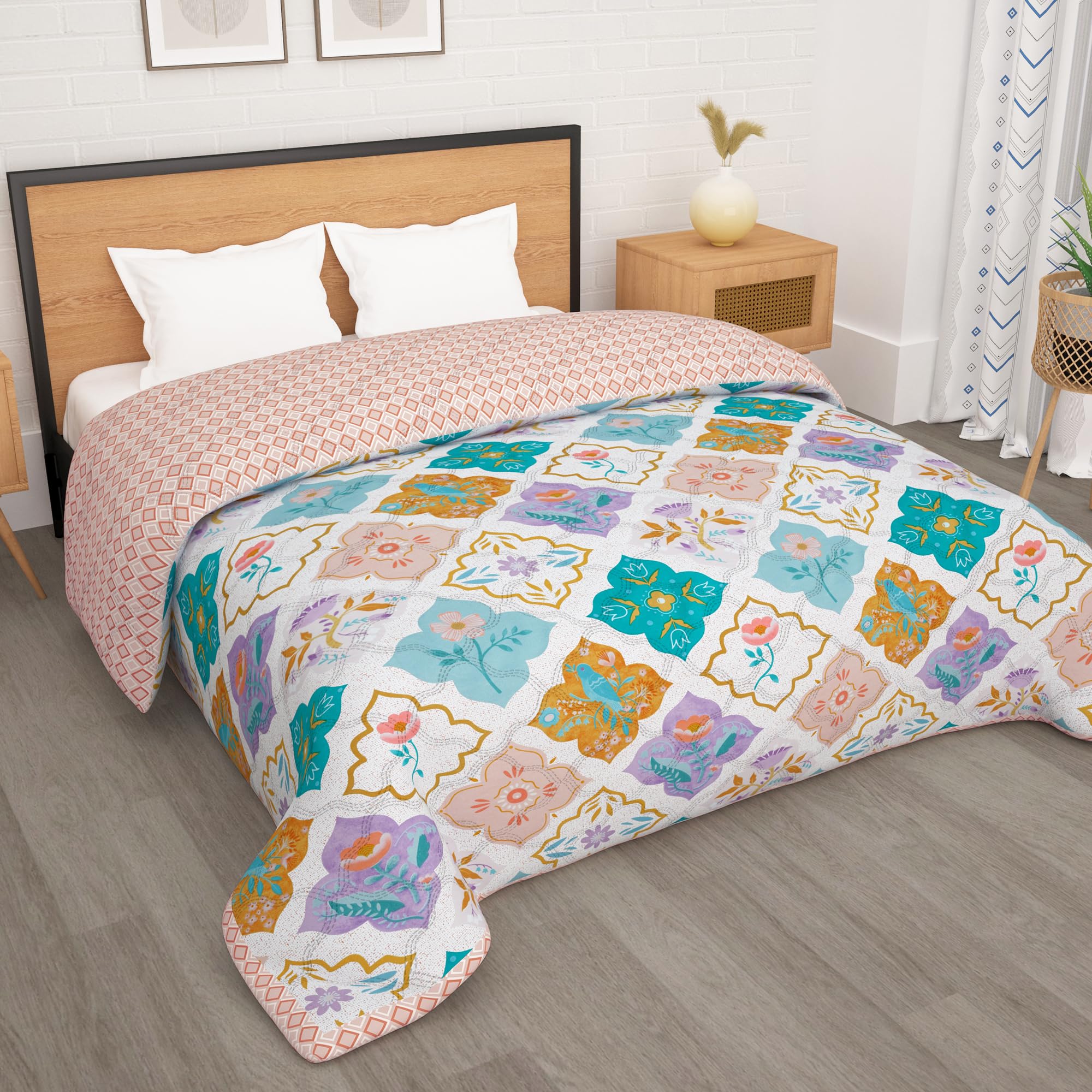 Story@Home Double bed Comforter | Microfiber Blanket | Dohar | 220x250 cm | Teal & White Blanket Motif Design | Cozy Bedding Blankets for winter - All Seasons And Stylish Home Bedroom decoration items
