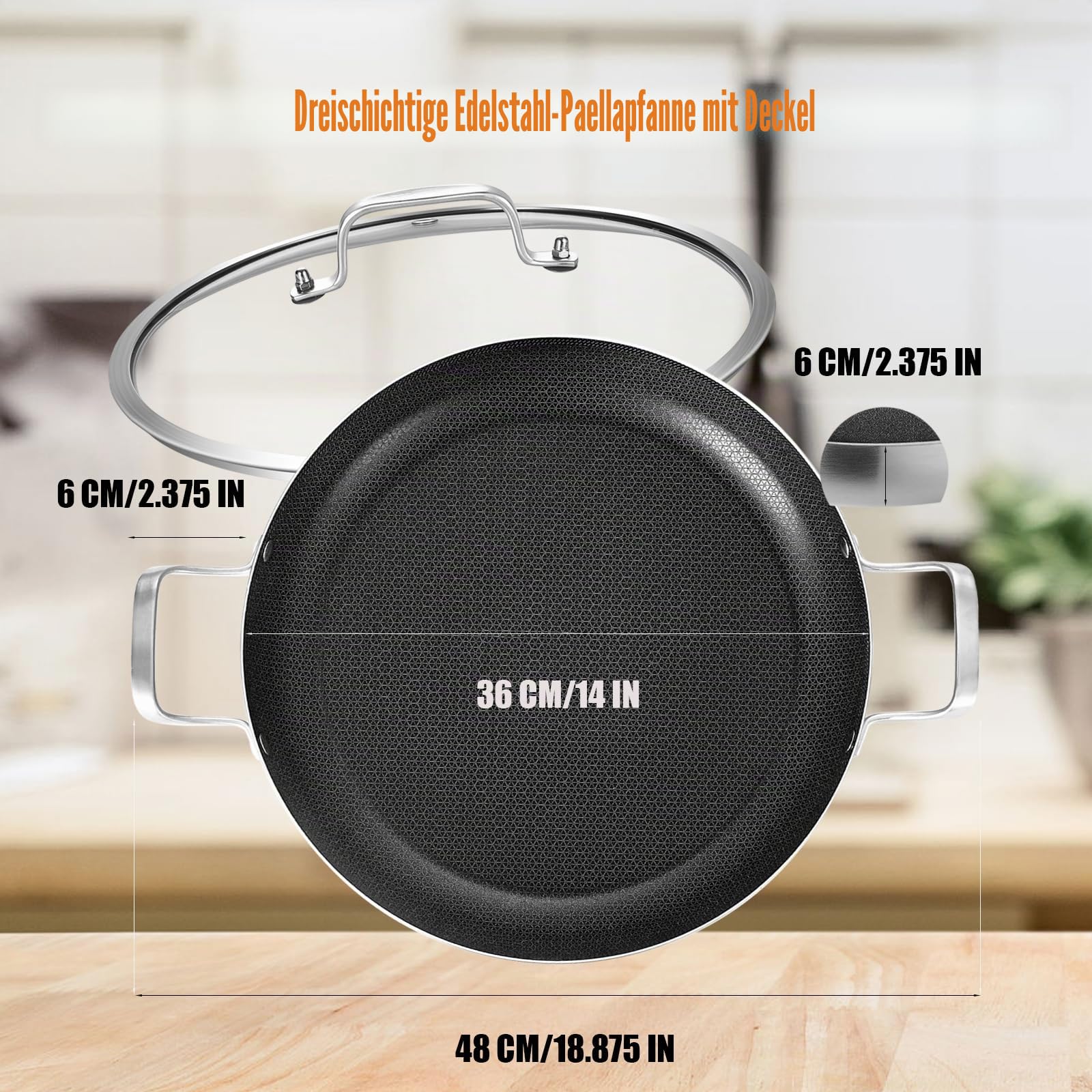 Inqibee dreischichtige Edelstahl-Paellapfanne 36 cm mit Deckel – Antihaft