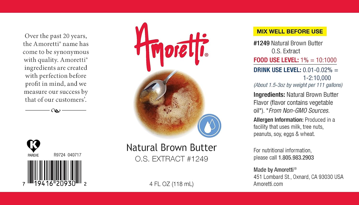 Amoretti - Natural Brown Butter Extract Oil Soluble 2 oz - Highly Concentrated & Perfect For Pastry or Savory applications, Preservative Free, Vegan, Kosher Pareve, TTB Approved, Non-GMO