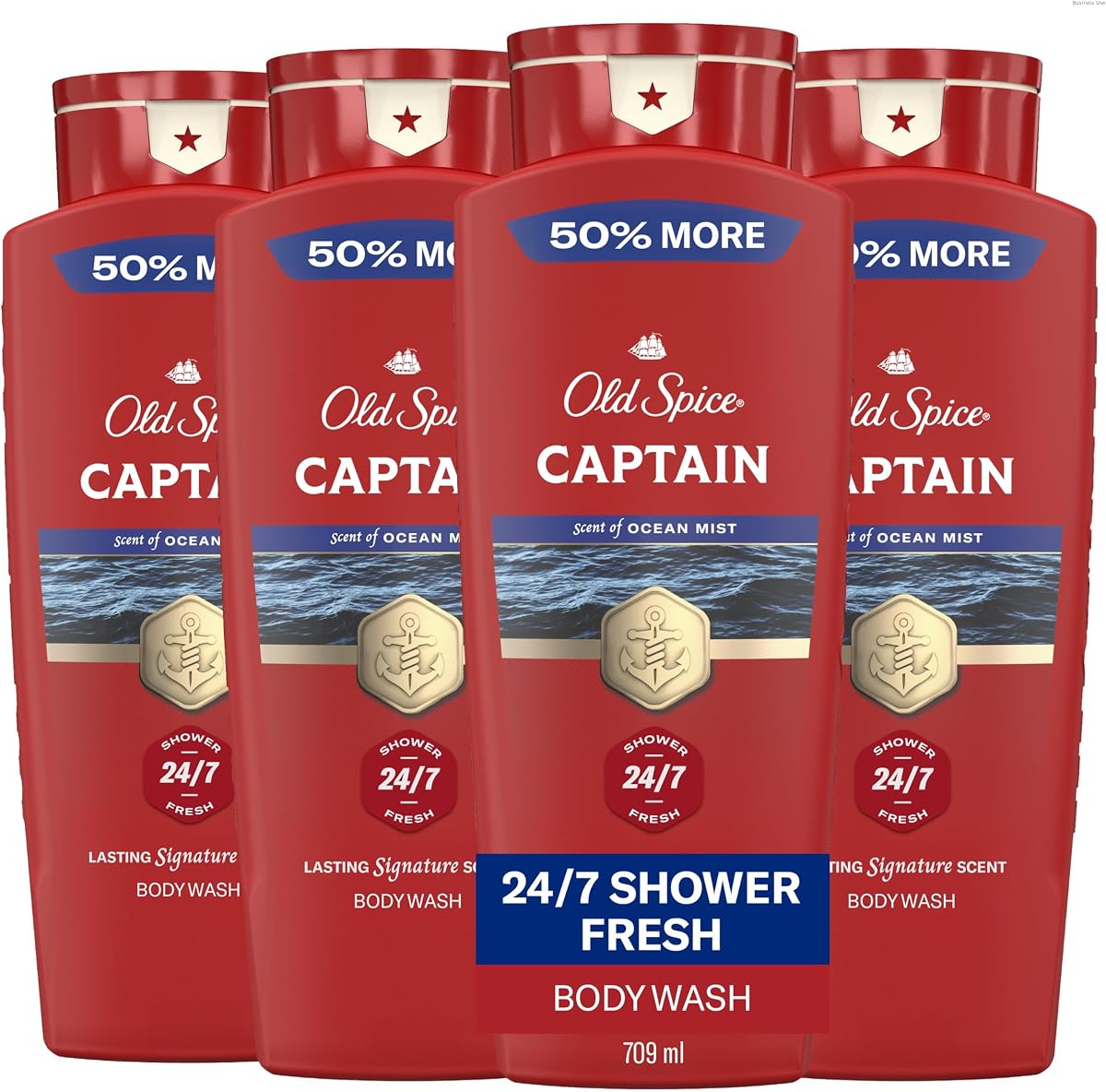 Refreshing Body Wash for Men, 3X Defense, 24/7 Shower Fresh with Long Lasting Scent, Red Collection, Captain with Bergamot Scent, 24 oz (Pack of 4)
