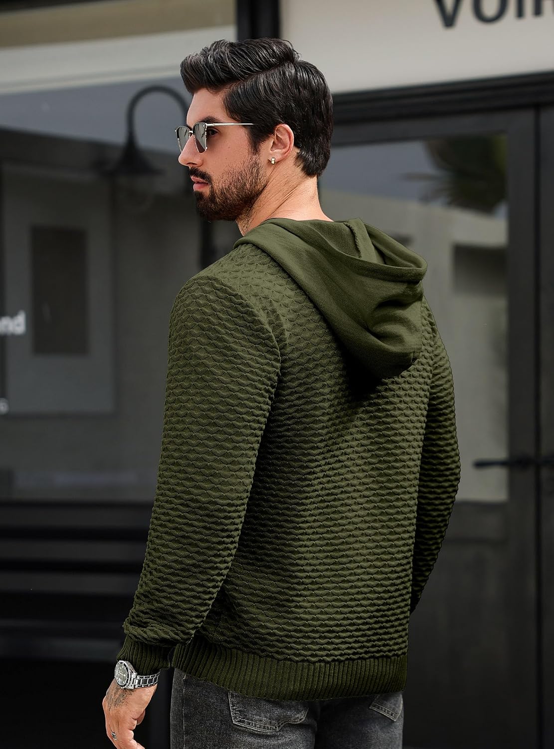 Zaitun Mens Hooded Sweatshirt Lightweight Diamond texture Warm Hoodie Drawstring Solid Knitted Pullover Sweater