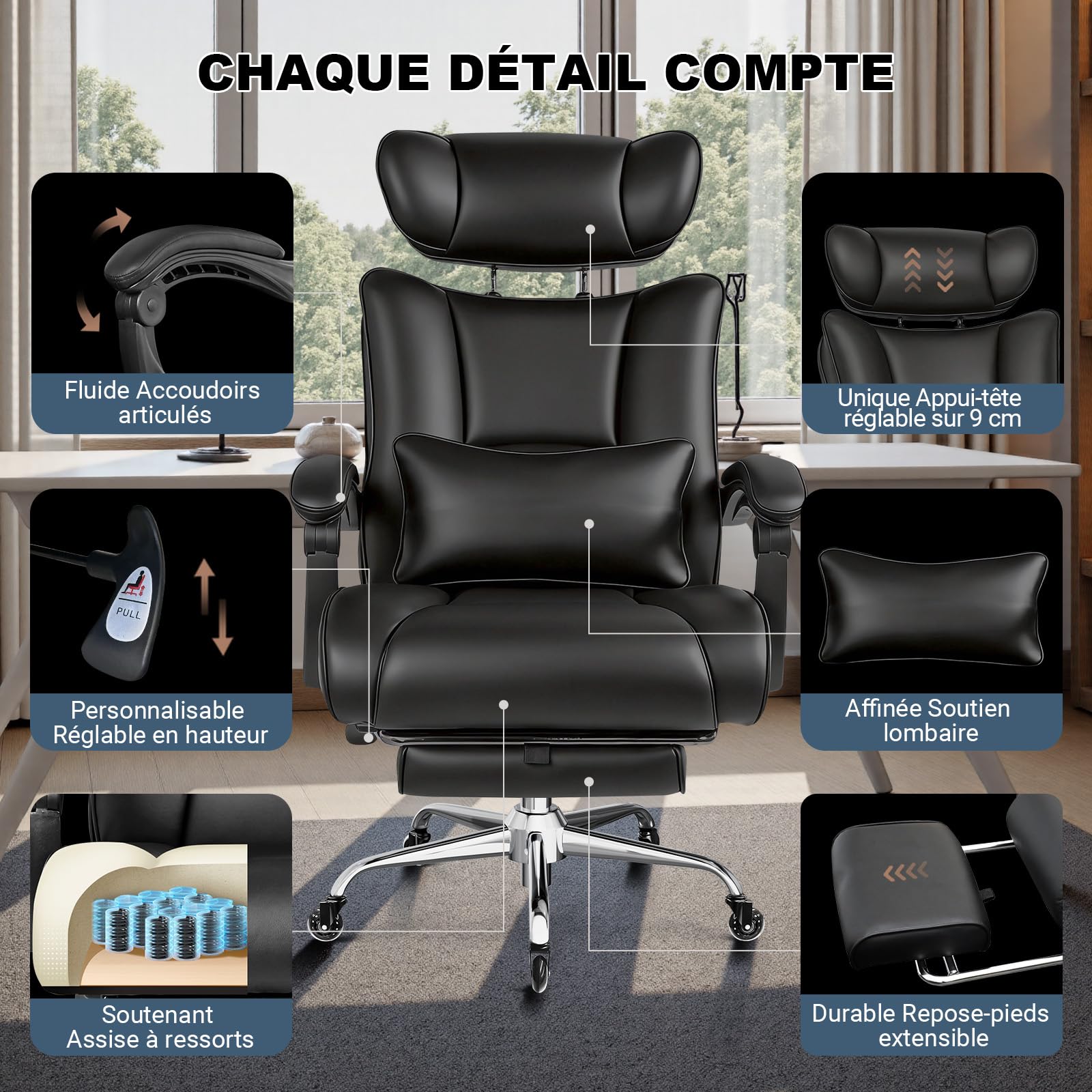 BASETBL Fauteuil Bureau 200kg, Chaise Bureau Ergonomique Confortable, Coussin de Siège en Ressort, Tête Reposable Ajustable, Repose-Jambes Multifonction, roulettes en Caoutchouc silencieuses, EN12520