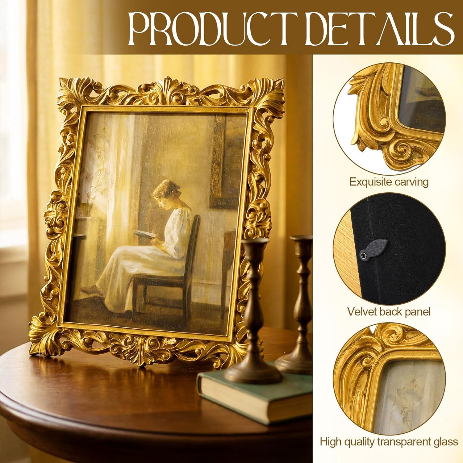 Novabright 2 Pcs 8x10 Inch Vintage Picure Frames Elegant Antique Gold Photo Frames with Glass Front Antique Ornate Picture Photo Display for Tabletop Wall Mount Ornate Retro Home Decor