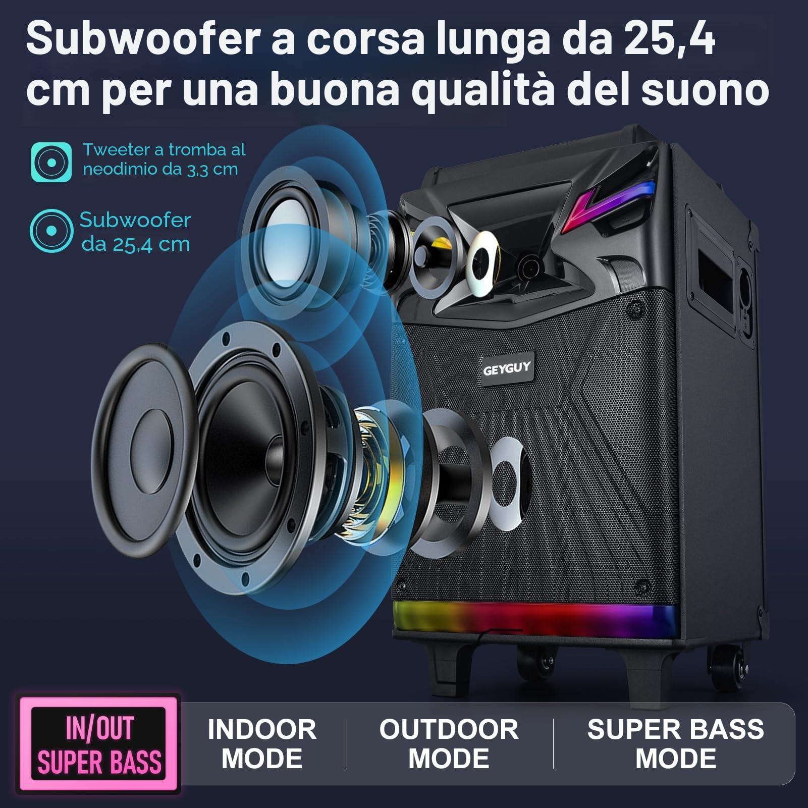 Casse karaoke professionale completo con 2 microfoni wireless, Altoparlante portatile Bluetooth con Luci per feste, Woofer da 10" Sistema PA, effetti sonori/luci DJ/radio FM GTSK10-1