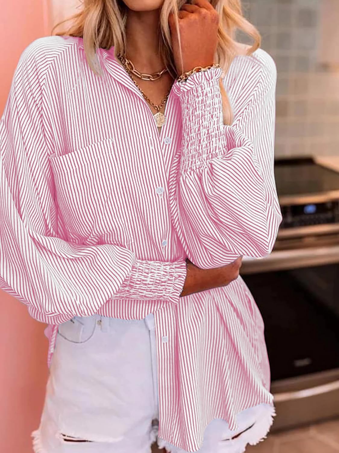 Women's Wrinkle-Resistant Smocked Cuffed Striped Button Shirt with Pocket Oversized Casual Boyfriend Blouse - Image 3