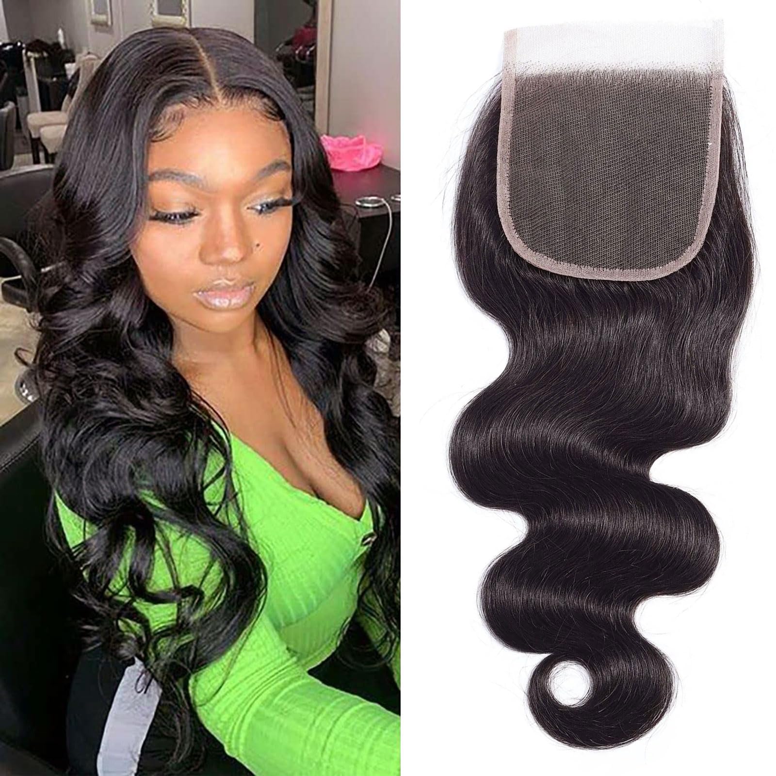 Huarisi 18 Inch Body Wave Closure Human Hair 4x4 Transparent Lace Closure Free Part for Black Women Sew in Remy Brazilian Wavy Hair Soft Natural Colour Can be Dyed