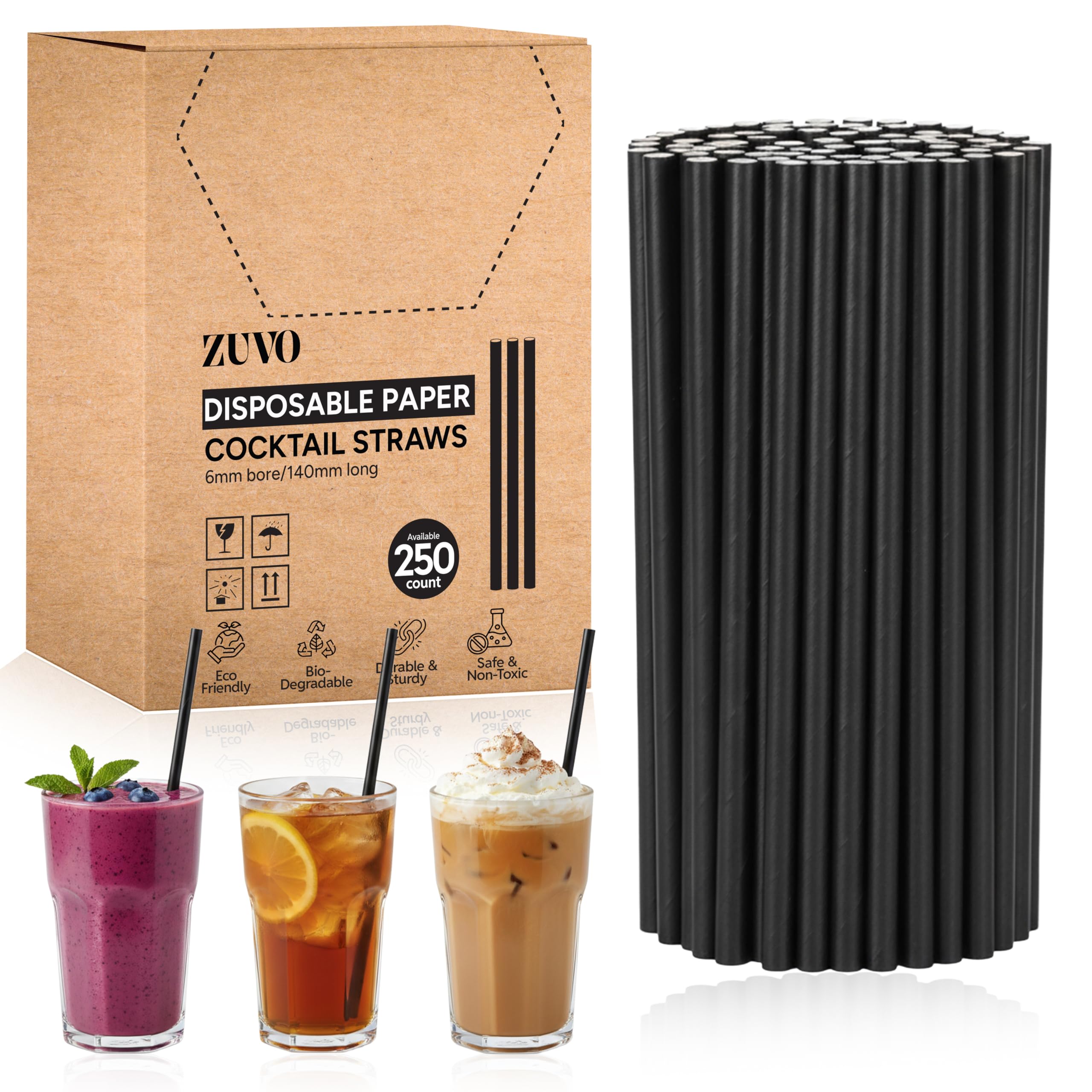 ZUVO - Disposable Paper Drinking Straws (250 Pack x 14cm) | Biodegradable Multi-Layer Design | Eco-Friendly Black Straws for Cocktails & Party Drinks