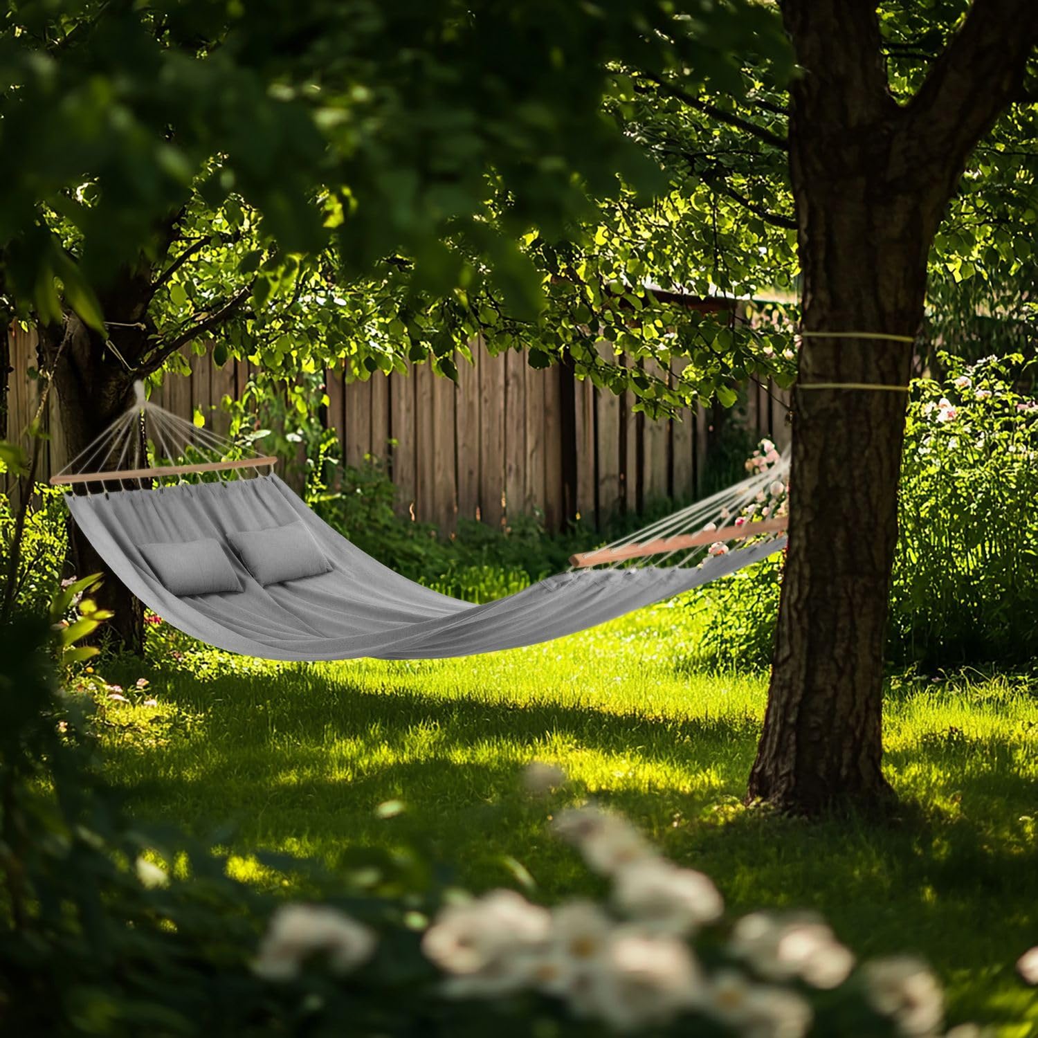 Amaca 200 x 150 cm, fino a 200 kg, per esterni, doppia amaca per 1-2 persone, in cotone con cuscino per giardino, balcone, terrazza, traspirante, per bambini e adulti, grigio