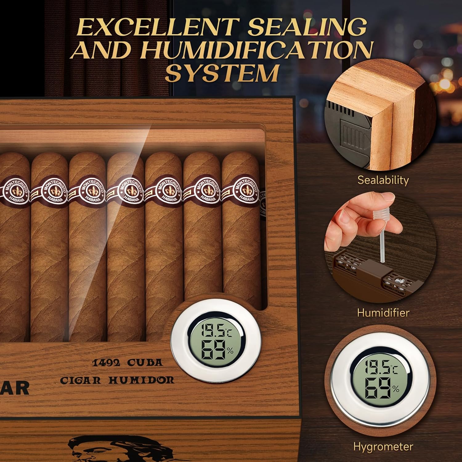 Cigar Humidor, Glass Top Cedar Desktop Cigar Humidors Case with 2 Side Humidor Accessories Boxes with Cigar Cutter, Hole Punch, Humidifier, and Digital Hygrometer Cigar Set, Cigar Gifts for Men - Image 4